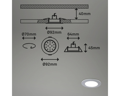 Technický nákres LED vestavného svítidla s rozměry