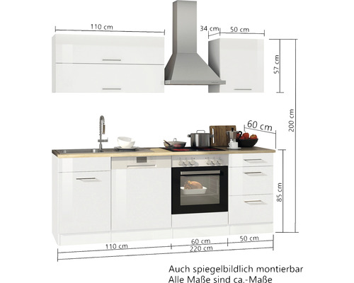 Kuchyňská linka s dřezem, myčkou nádobí, troubou, varnou deskou, digestoří a závěsnými skříňkami s rozměry