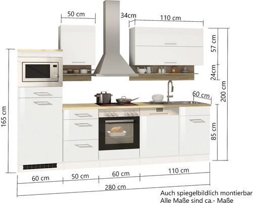 Kuchyňská linka s mikrovlnnou troubou, varnou deskou, dřezem, digestoří a rozměry