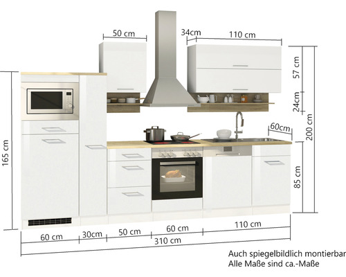 Kuchyňská linka se závěsnými skříňkami, dřezem, sporákem a mikrovlnnou troubou a rozměry