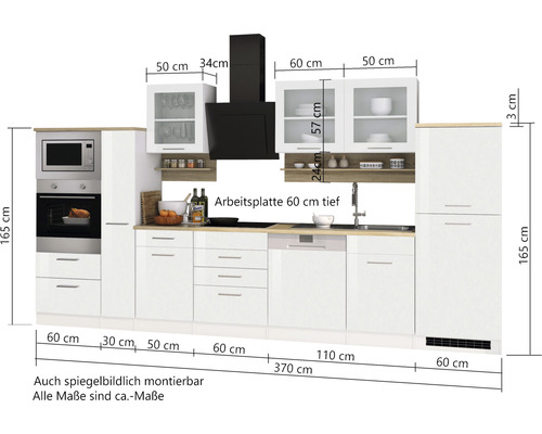 Kompletní kuchyně s elektrospotřebiči a rozměry.