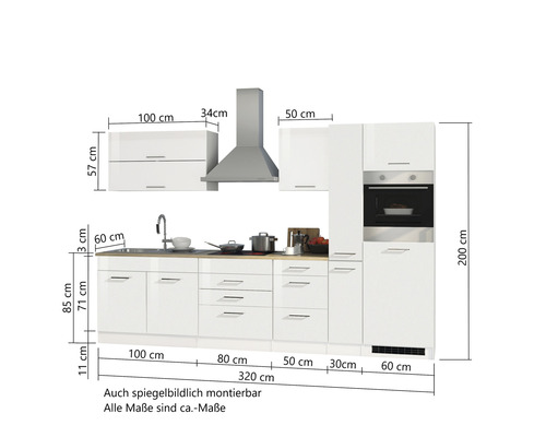 Kuchyňská linka s dřezem, sporákem a odsavačem par včetně rozměrů