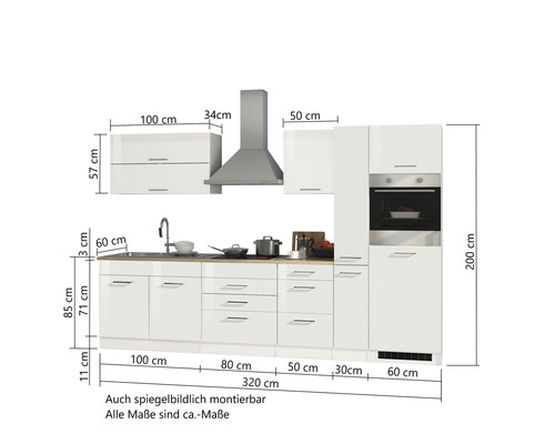 Kompletní kuchyňská linka s rozměry