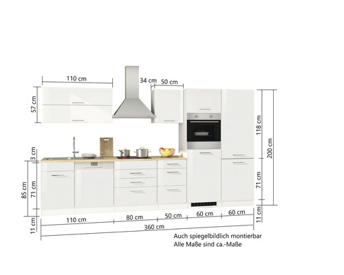 Kuchyňská linka se závěsnými skříňkami, dřezem a vestavnými spotřebiči s rozměry