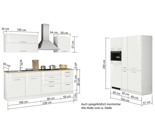 Kuchyňská linka s rozměry a různými prvky, jako je dřez, varná deska, digestoř a skříňky