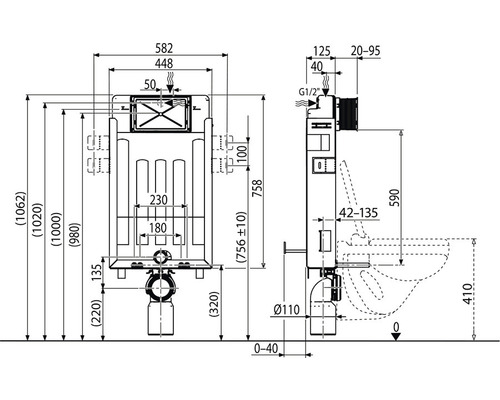 Technický výkres závěsného WC s rozměry