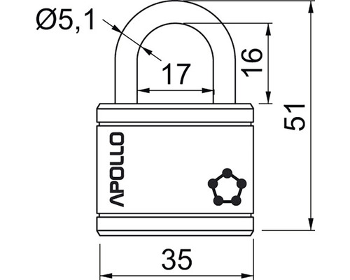 Technický výkres visacího zámku Apollo s rozměry