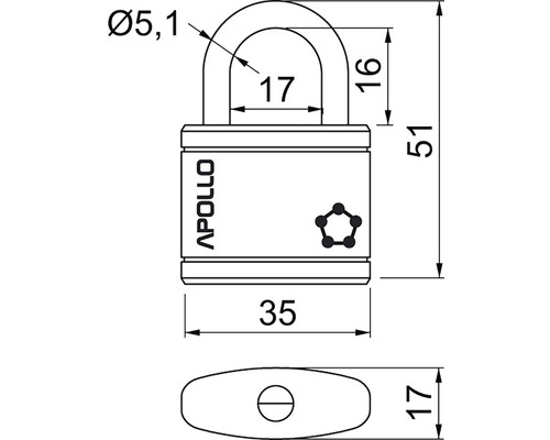 Technický výkres visacího zámku Apollo s rozměry