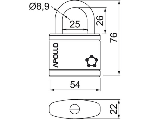 Technický výkres visacího zámku Apollo s rozměry.