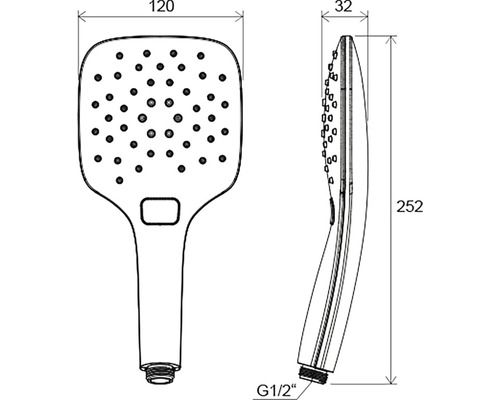 Technický výkres sprchové hlavice s rozměry