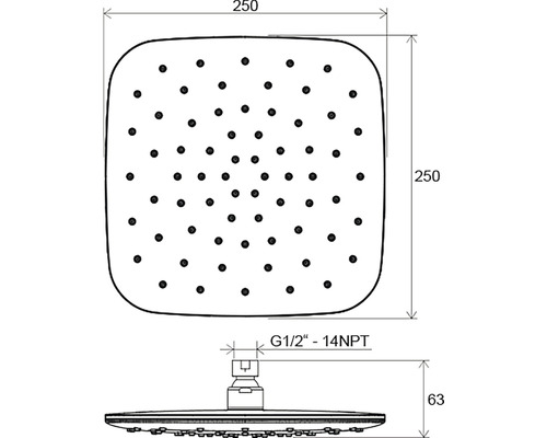 Technický nákres čtvercové sprchové hlavice o rozměrech 250 x 250 milimetrů