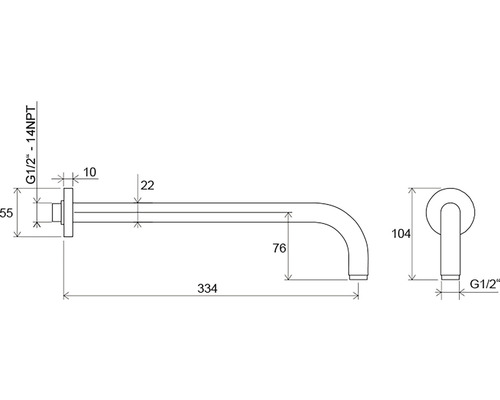 Technický výkres vodovodní baterie s rozměry