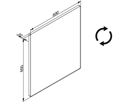 Technický nákres desky o rozměrech 600 x 650 x 20 mm