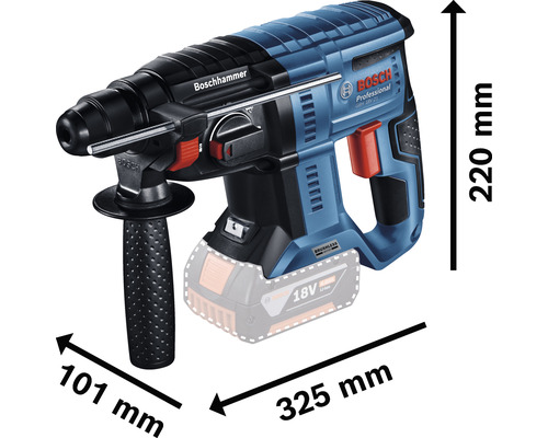 Vrtací kladivo Bosch o rozměrech 220 mm výška, 101 mm šířka a 325 mm délka.