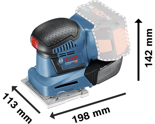 Akumulátorová vibrační bruska Bosch Professional o rozměrech 113 mm x 198 mm x 142 mm