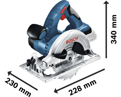 Ruční okružní pila Bosch o rozměrech 230 mm x 228 mm x 340 mm
