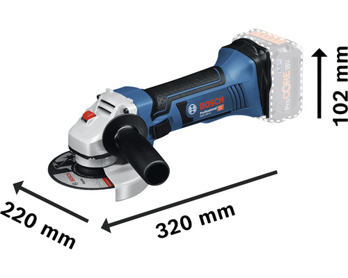 Akumulátorová úhlová bruska Bosch Professional o rozměrech 320 mm délka, 220 mm šířka a 102 mm výška