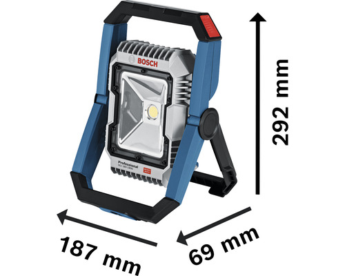 Logo Bosch s rozměry akumulátorového stavebního reflektoru