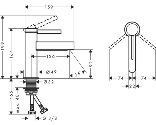 Technický nákres armatury s rozměry