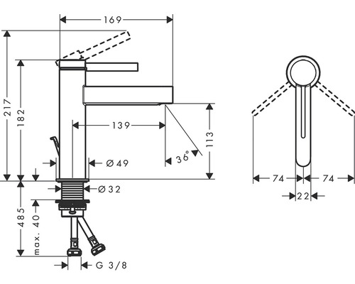 Rozměry vodovodní baterie pro umyvadlo