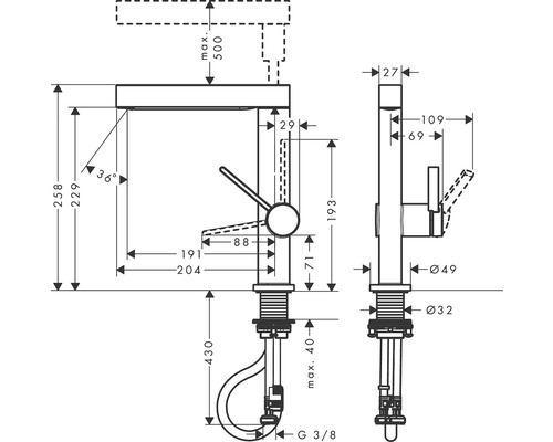Technický výkres armatury s rozměry
