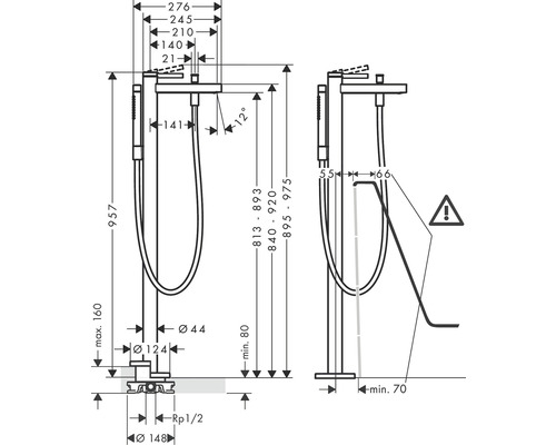 Rozměrový nákres volně stojící vanové baterie s ruční sprchou