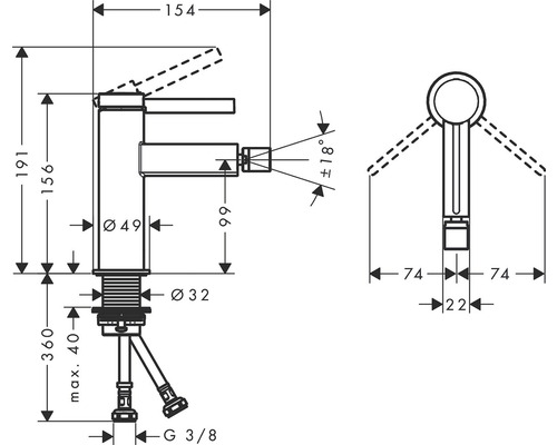 Technický výkres vodovodní baterie s rozměry