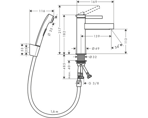 Technický výkres armatury s ruční sprchou a rozměry
