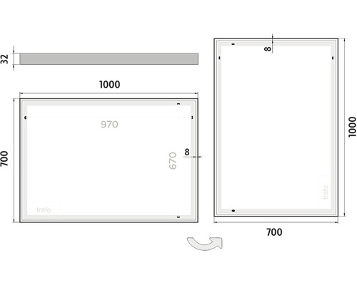 Technický výkres zrcadla s rozměry