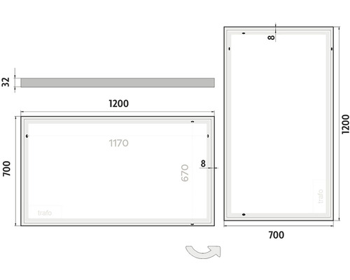 Technický nákres zrcadla o rozměrech 1200 x 700 mm a 1200 x 700 mm