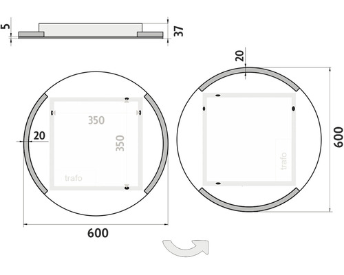 Technický nákres kulatého zrcadla o průměru 600 milimetrů, výšce 37 milimetrů a montážní desce 350 x 350 milimetrů