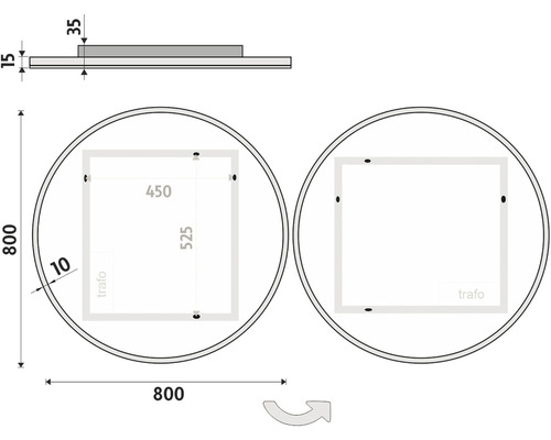 Technický výkres kulatého zrcadla s rozměry