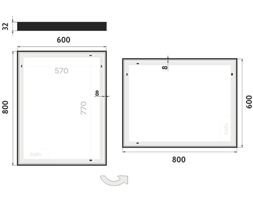 Technický nákres zrcadla s LED osvětlením a rozměry