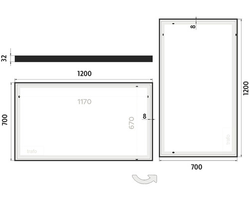 Technický nákres zrcadla o rozměrech 1200 x 700 mm a 1200 x 700 mm.