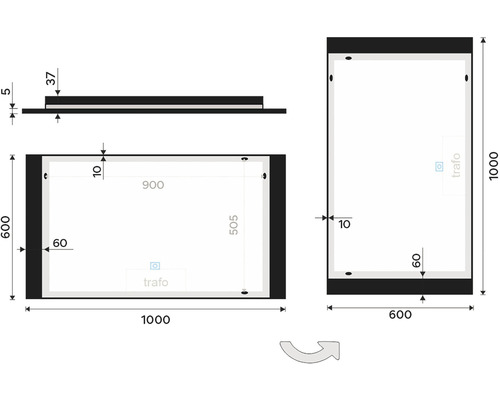 Technický nákres zrcadlové skříňky s rozměry