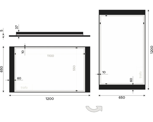 Technický nákres zrcadla s LED osvětlením a rozměry