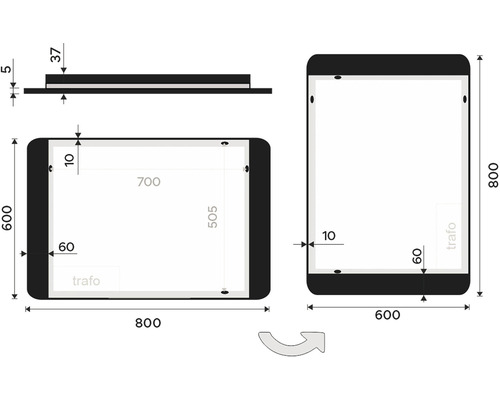 Technický výkres zrcadla LED s rozměry