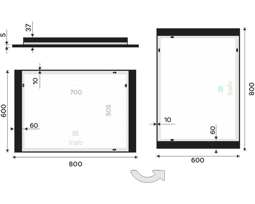 Technický výkres zrcadla s rozměry
