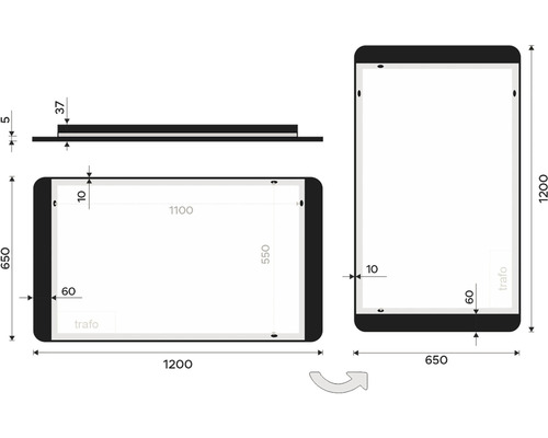 Nákres LED zrcadla s rozměry