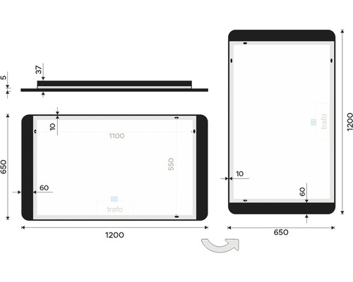 Technický nákres zrcadla s rozměry