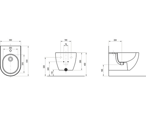 Technický nákres bidetu s rozměry v milimetrech.
