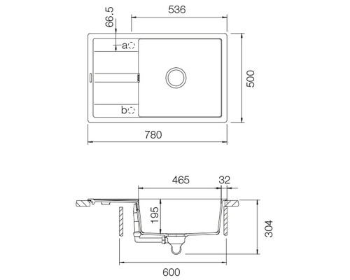 Technický výkres kuchyňského dřezu s rozměry