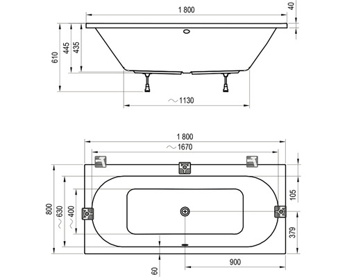Technický výkres vany s rozměry.