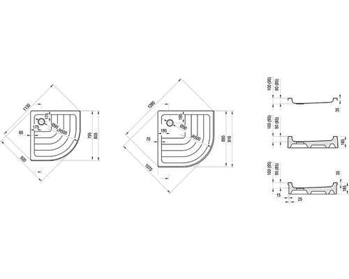 Technický výkres sprchové vaničky s rozměry