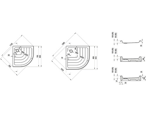 Technický nákres sprchové vaničky s rozměry