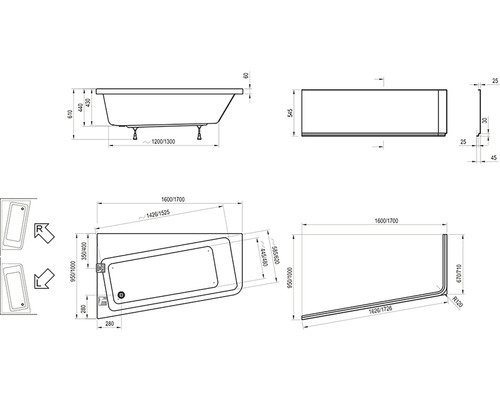 Technický nákres vany s rozměry