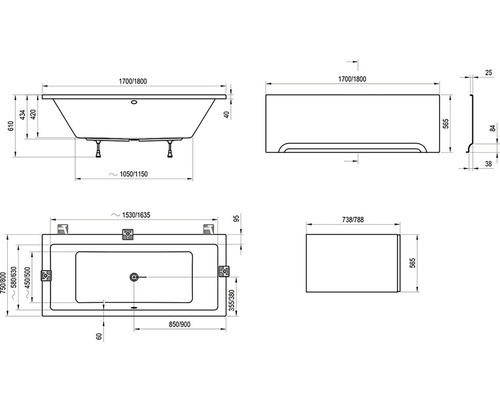 Technický výkres vany s rozměry