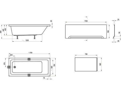 Technický nákres vany s rozměry