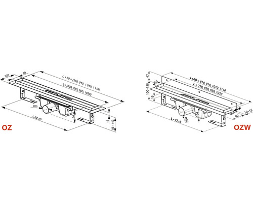 Technický výkres sprchového žlabu s rozměry