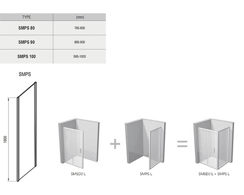 Obrázek sprchové stěny s rozměry a možnostmi kombinace